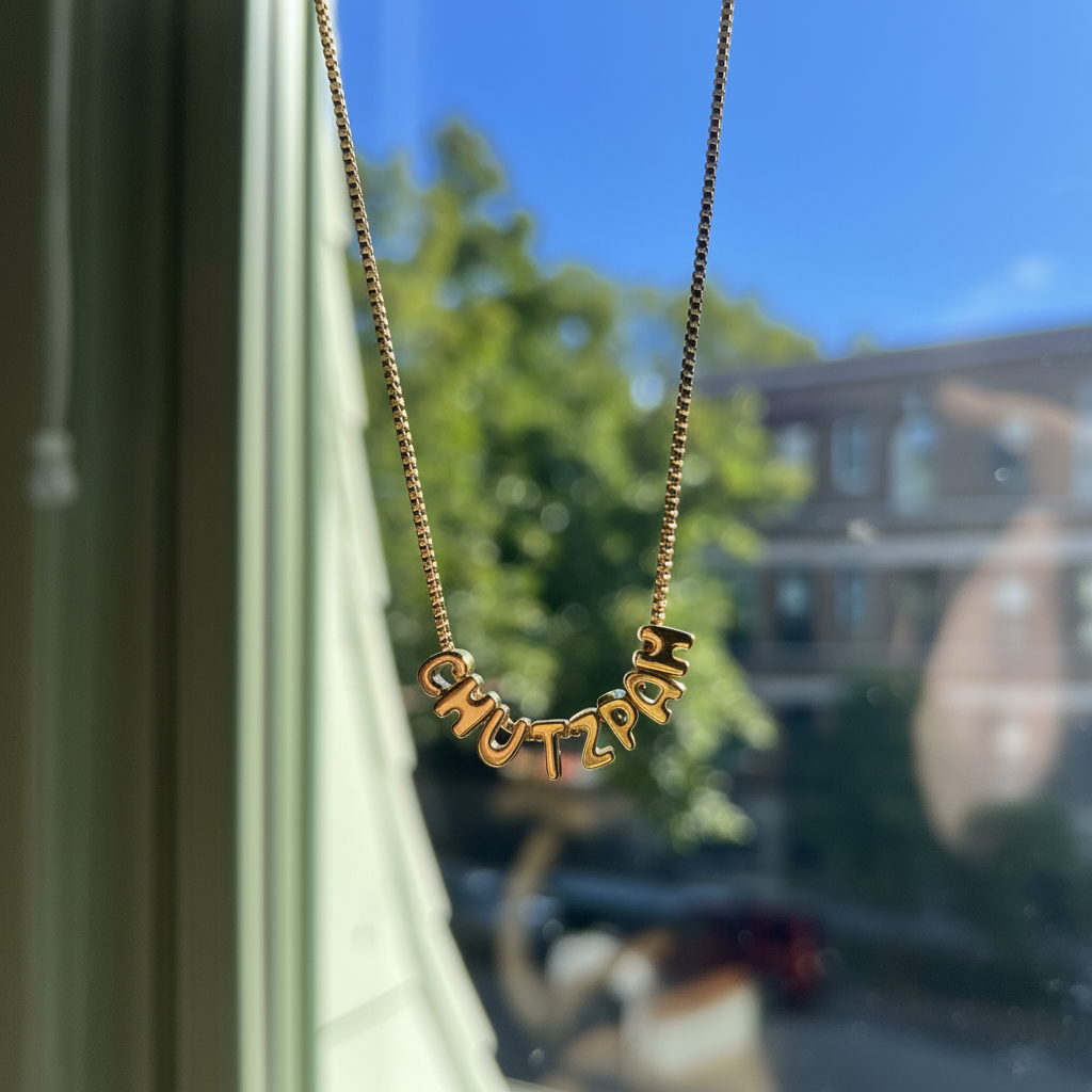 Gold chutzpah bubble letter necklace in front of window