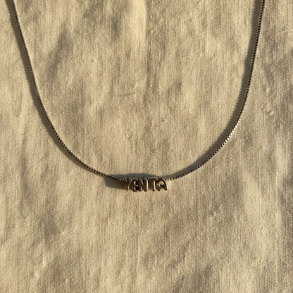 Silver Bubble Letter Yenta necklace on box chain